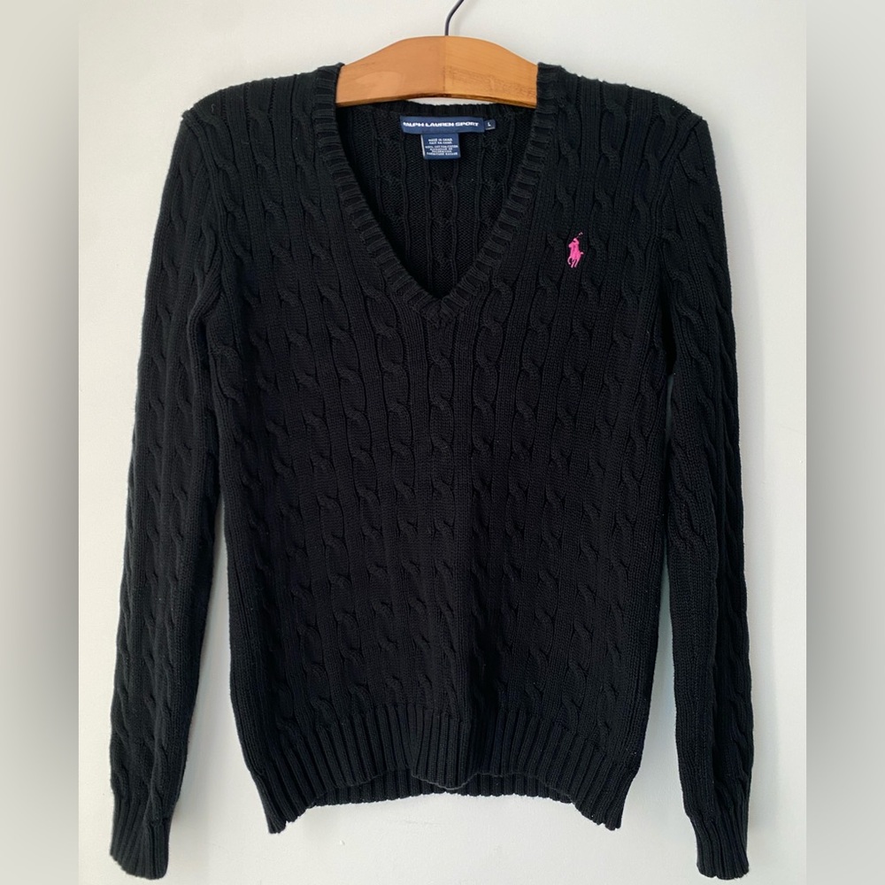 Vintage Ralph Lauren Sweater Women’s 100% Cotton Medium Black Cable Knit V Neck